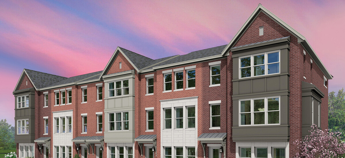 Architectural rendering of brick Lexington townhomes at sunset